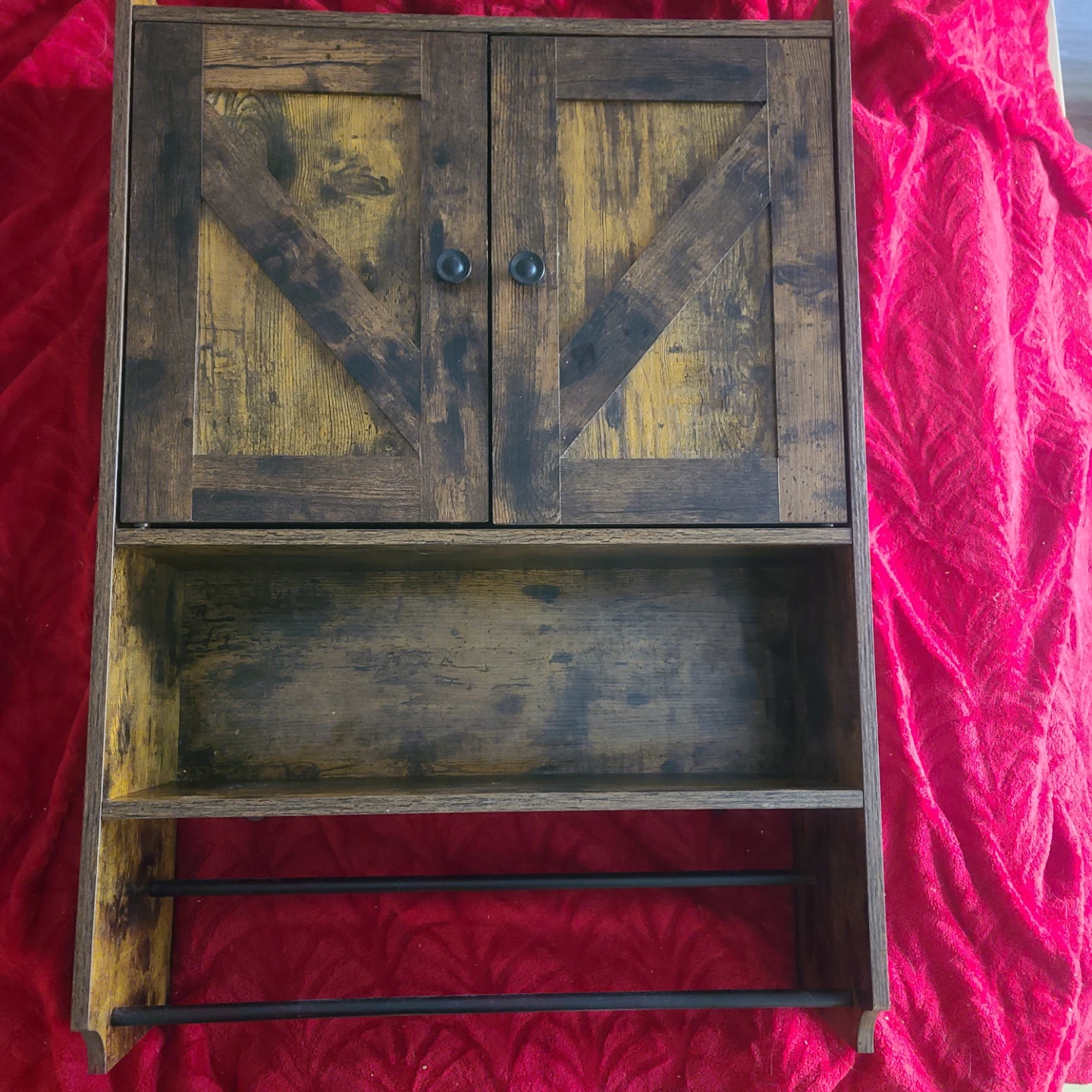 Rustic Wood Wall Cabinet with Towel Bars