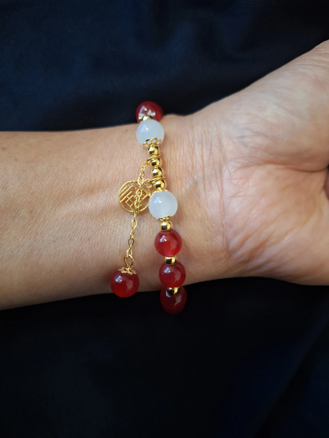 Red and White Beaded Bracelet with Gold Charm - photo 2