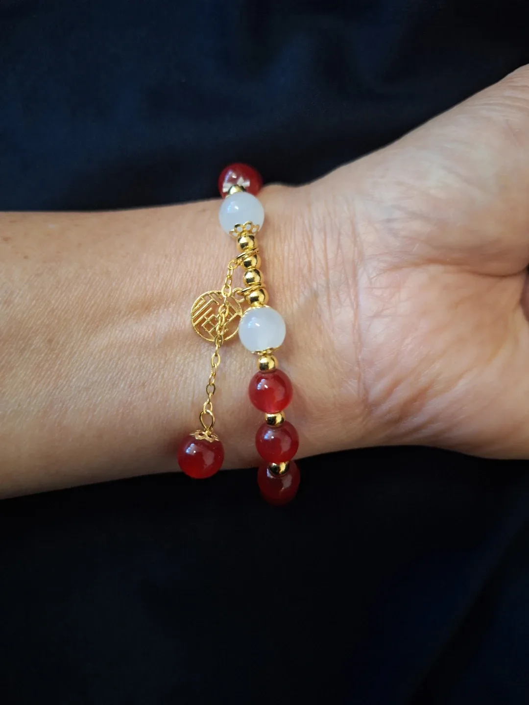 Red and White Beaded Bracelet with Gold Charm - photo 2