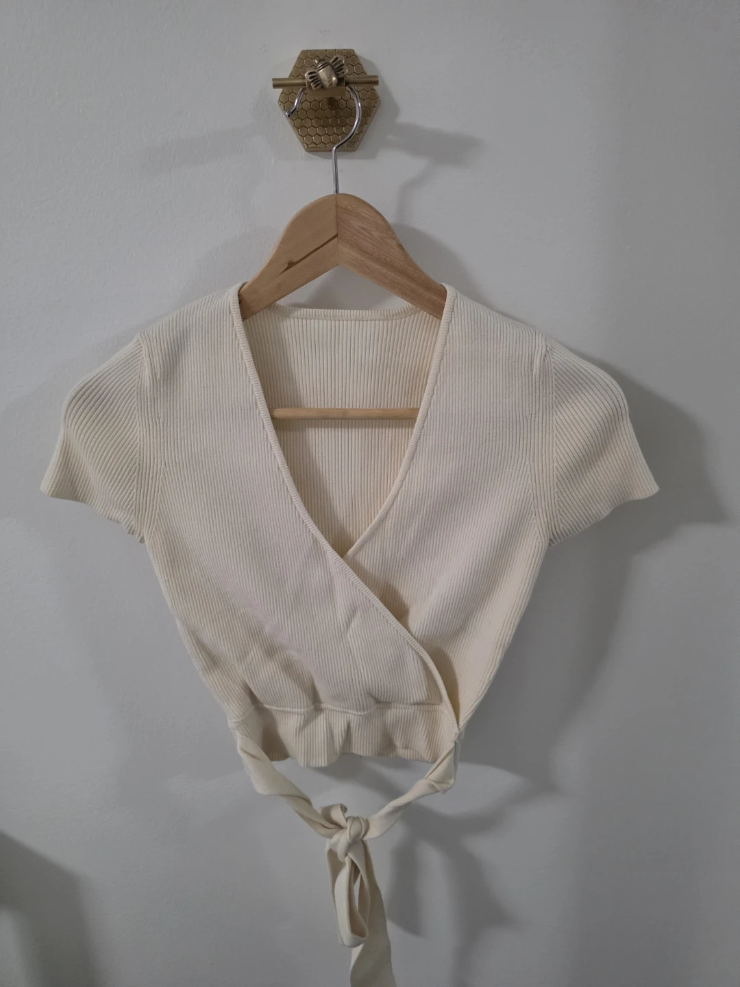 Cream Ribbed Wrap Top