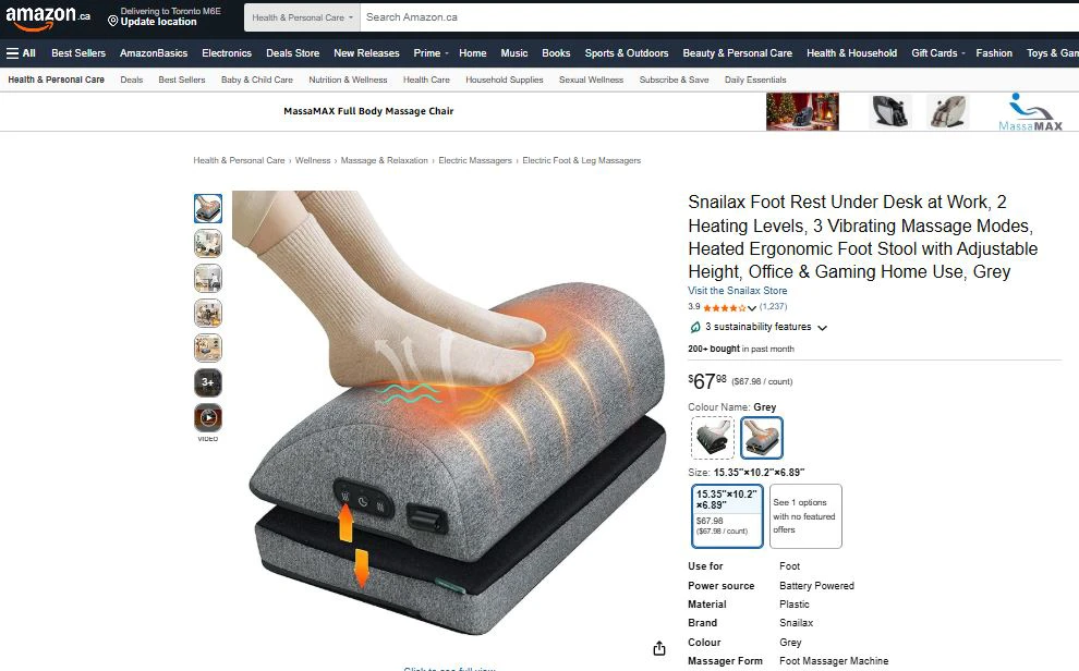 Snailax Adjustable Foot Rest with Heat, Vibration, Massage - NEW