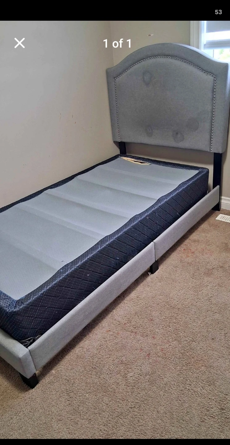 Grey Upholstered Twin Bed Frame with Headboard