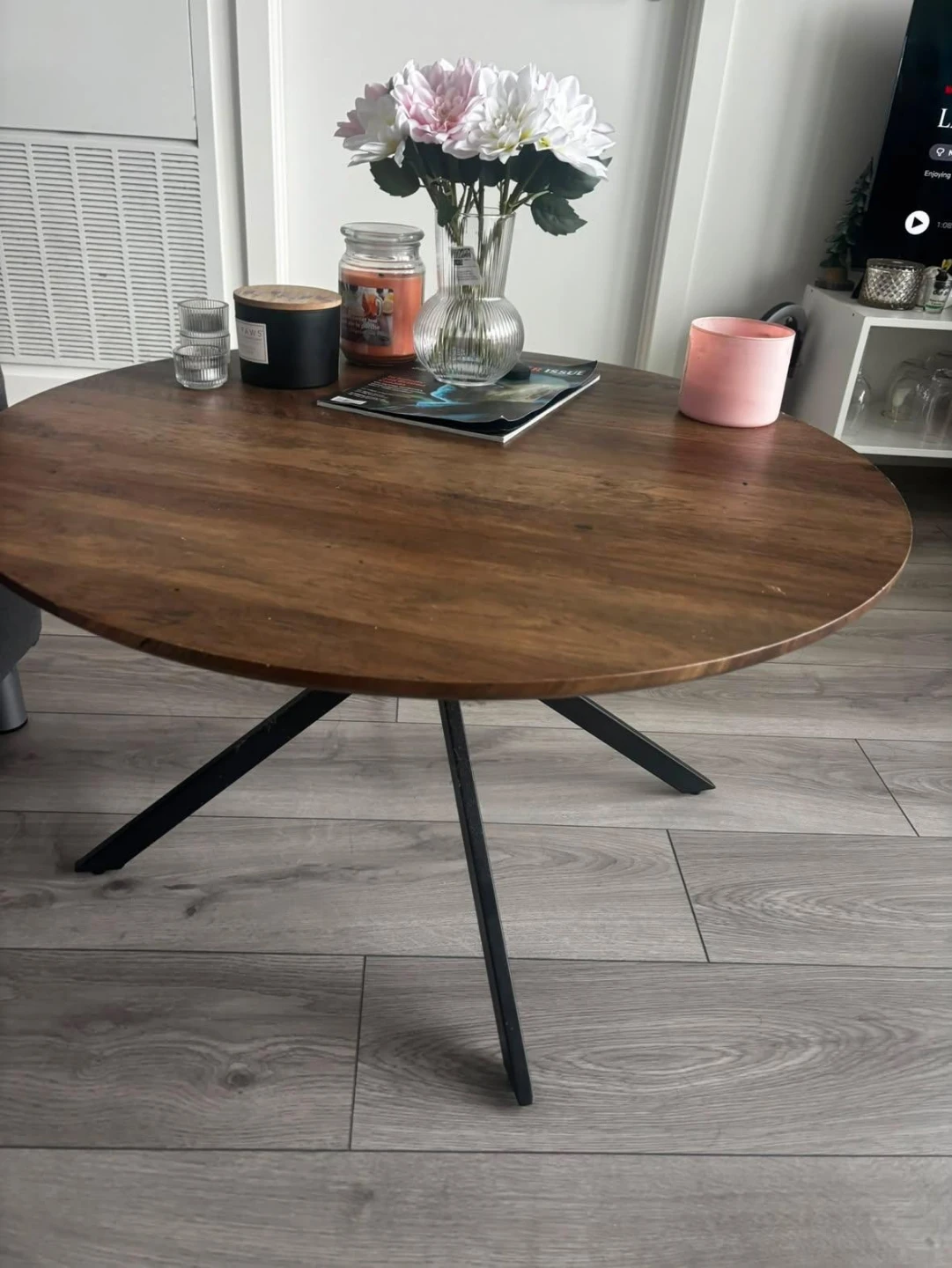 Round Wood Coffee Table with Black Metal Legs