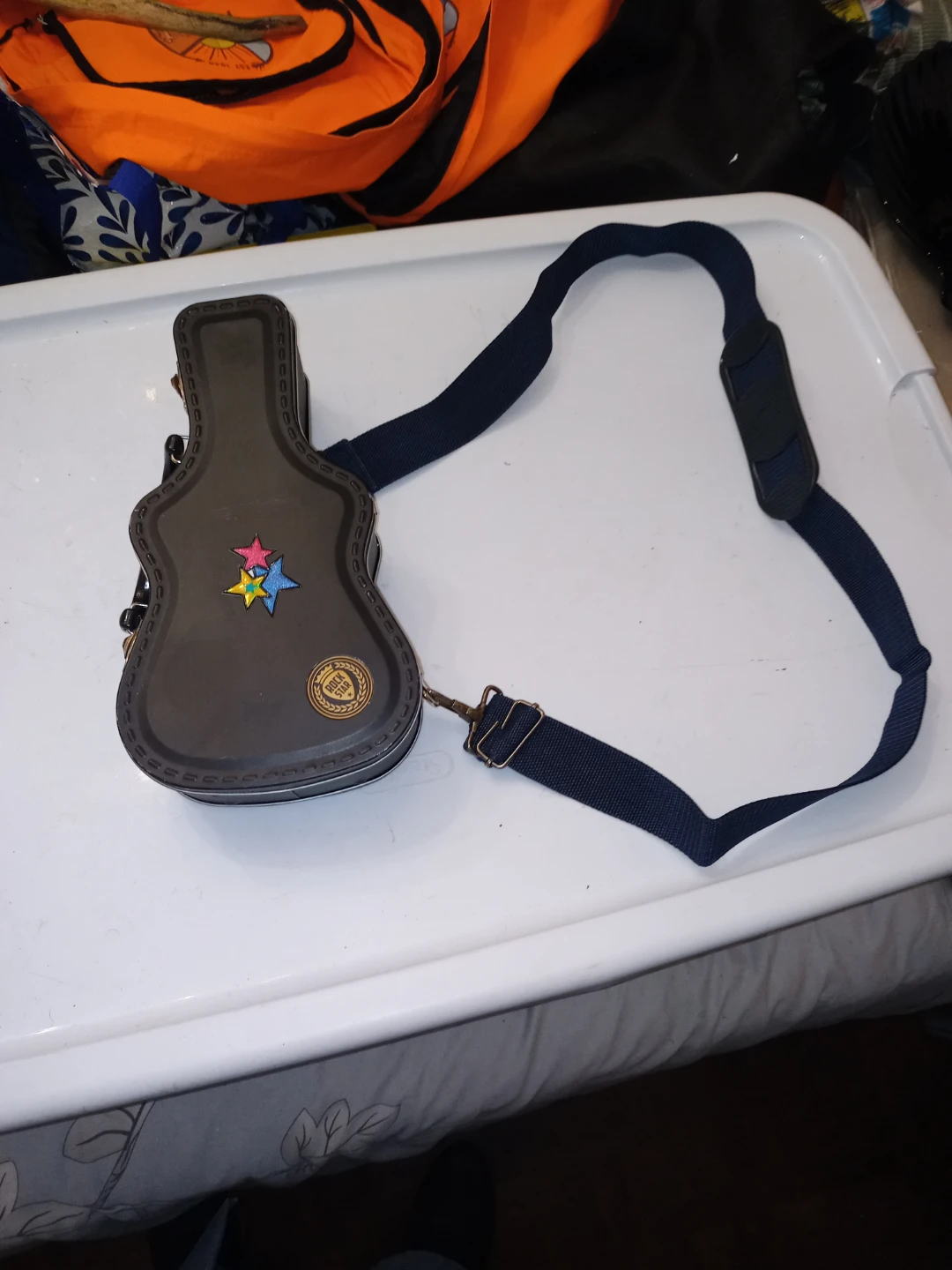 Small Guitar Shaped Storage Tin With Shoulder Strap