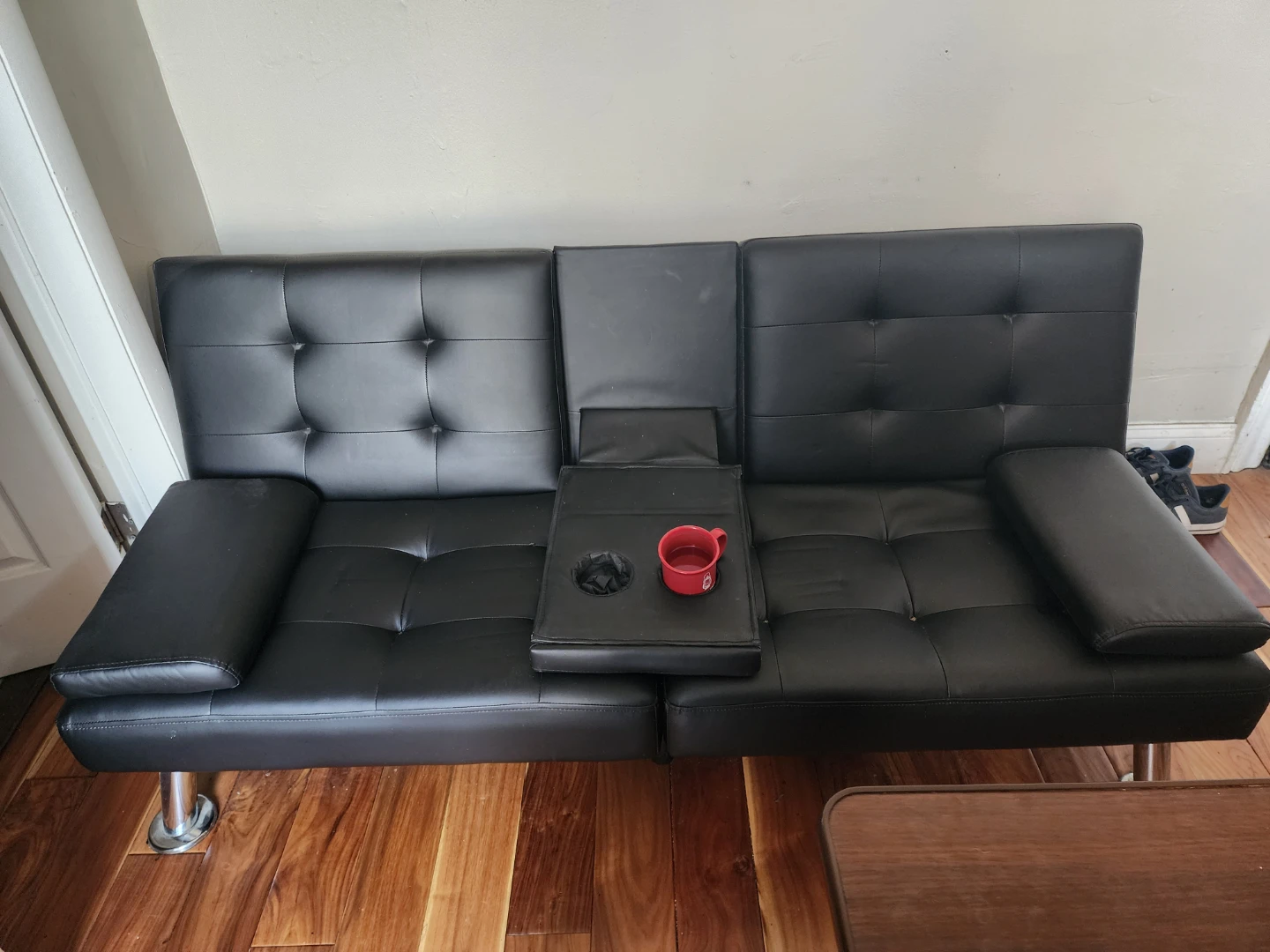 Black Faux Leather Loveseat Futon with Cup Holders - photo 2
