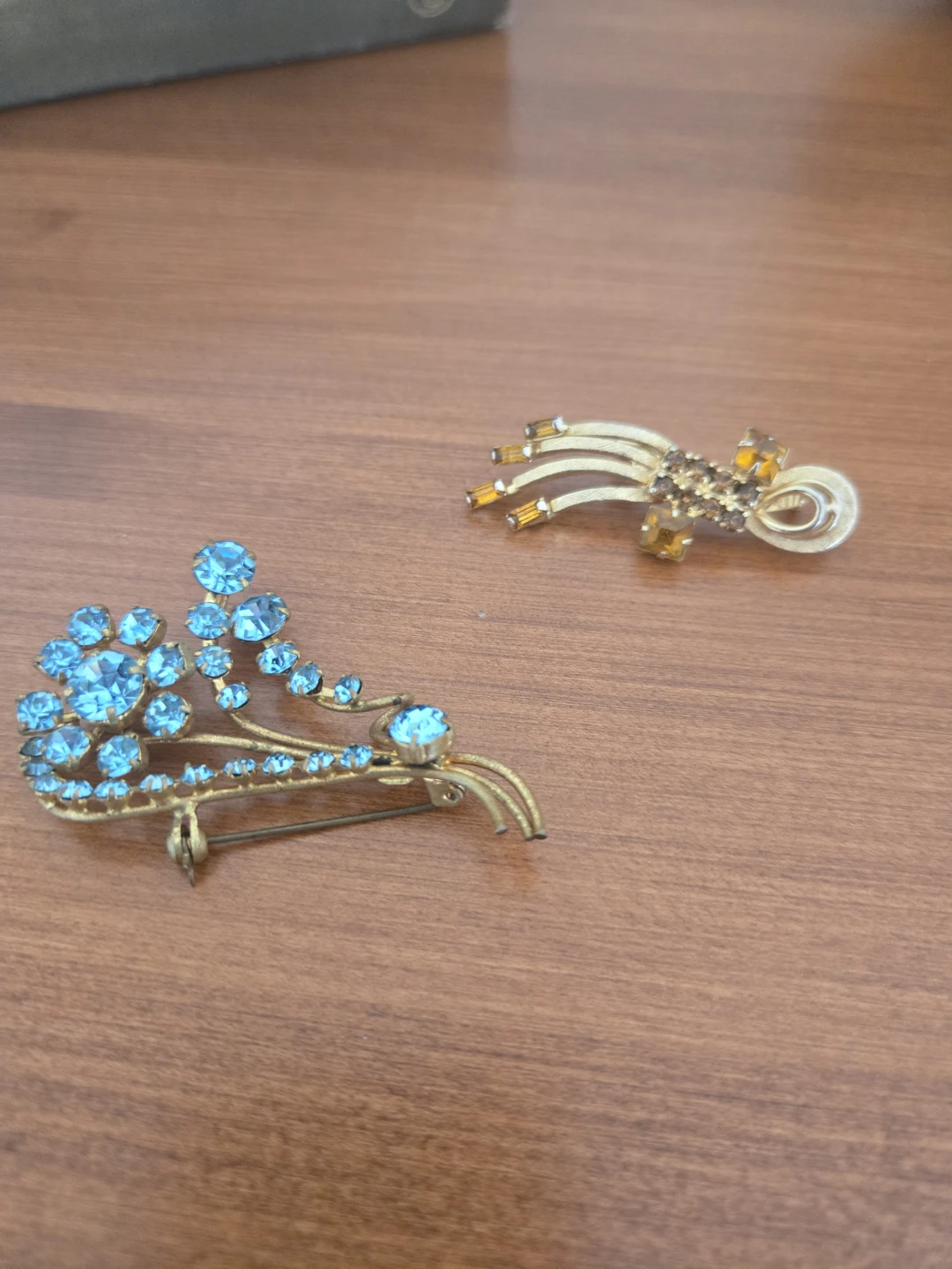 Vintage Brooches with Blue and Amber Rhinestones