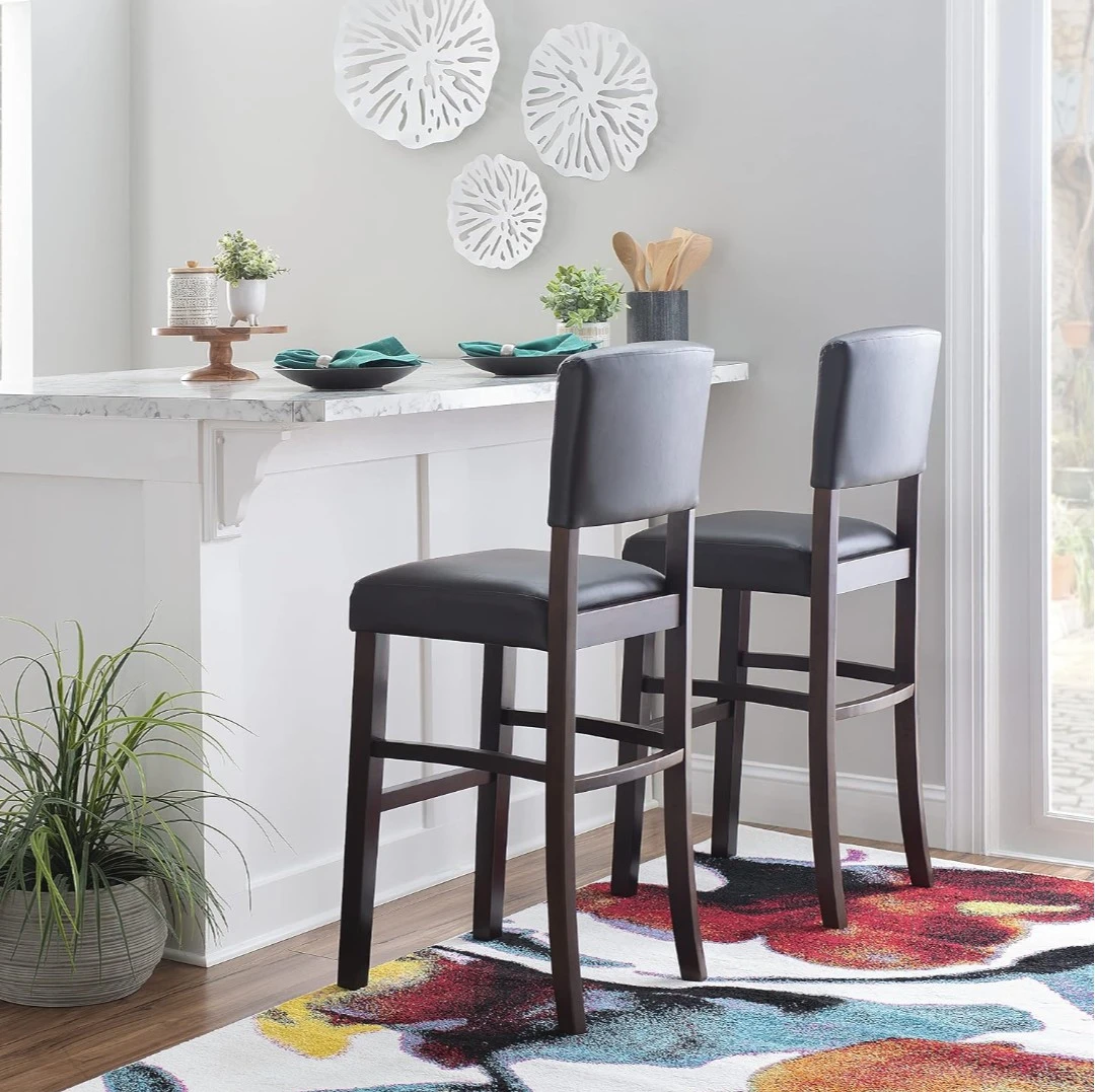 Black Faux Leather Bar Stool with Dark Wood Frame - photo 2