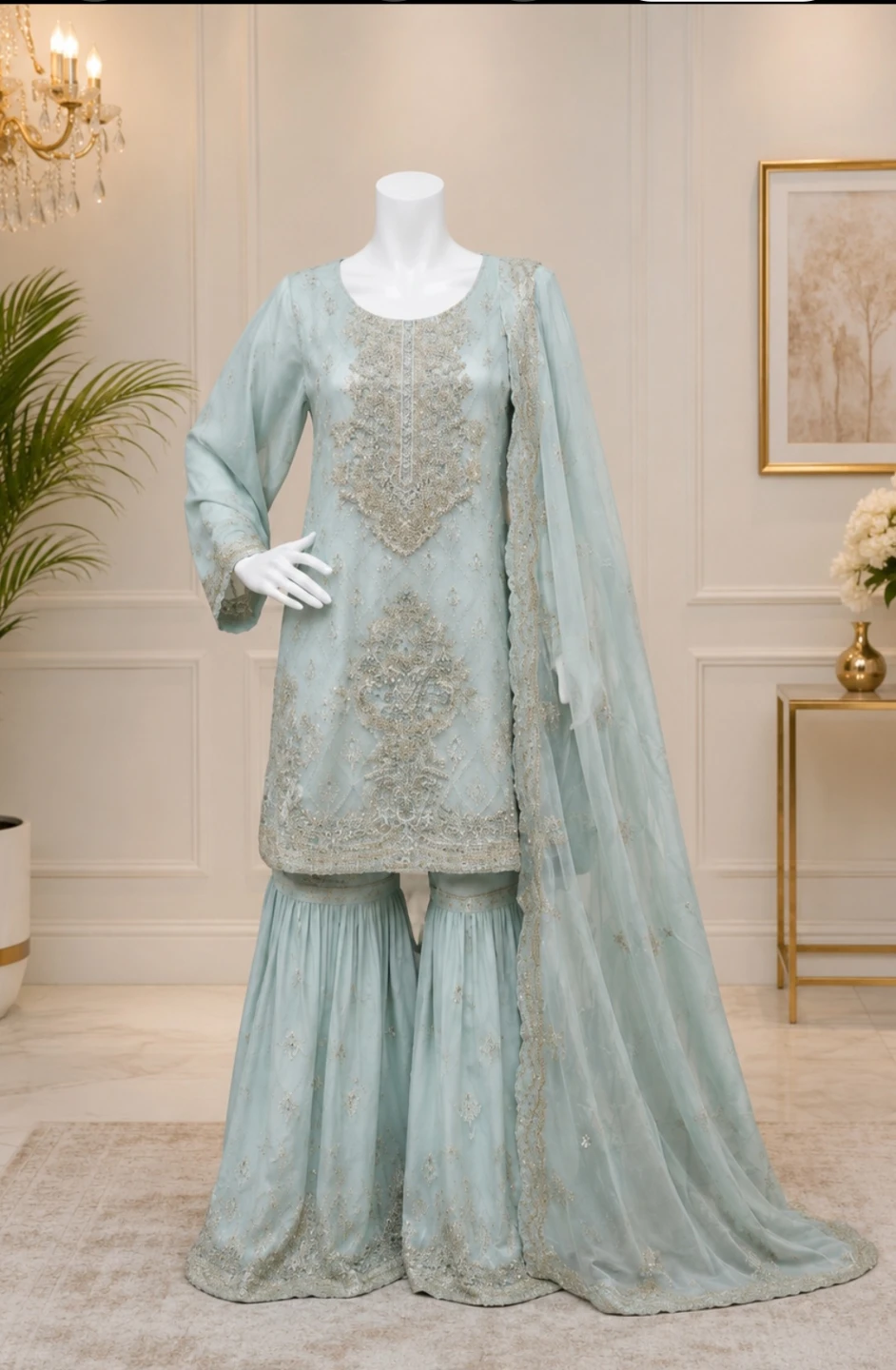 Embroidered Light Blue Gharara Suit with Dupatta - photo 2