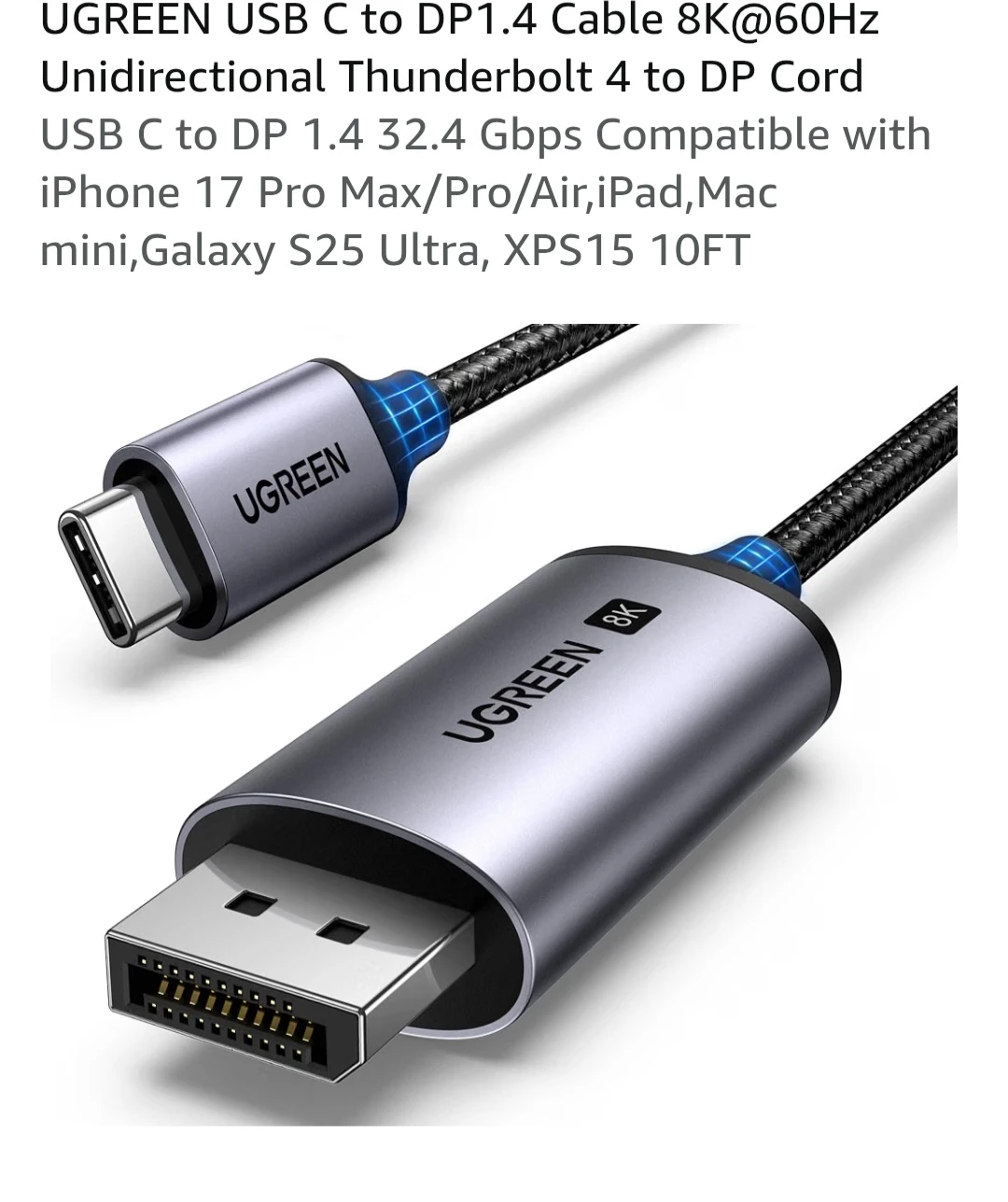 UGREEN USB C to DP 1.4 Cable 8K@60Hz 10FT - photo 2