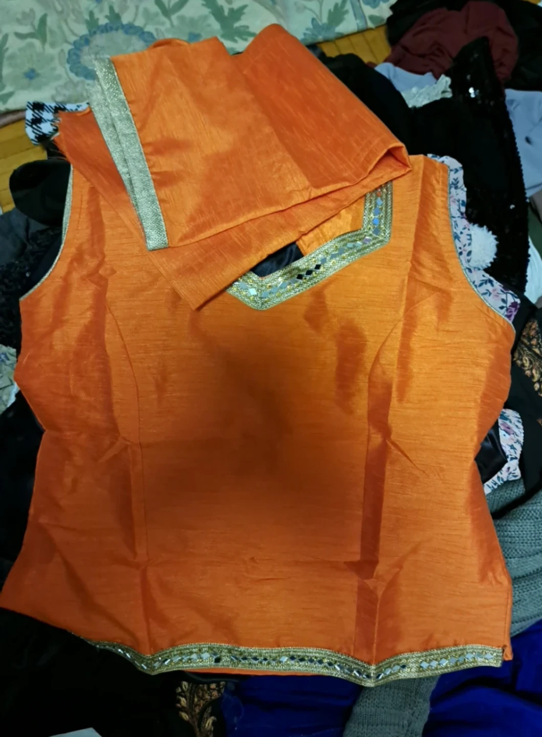 Orange Silk Blend Lehnga, Kurti  and golden net cape - photo 3