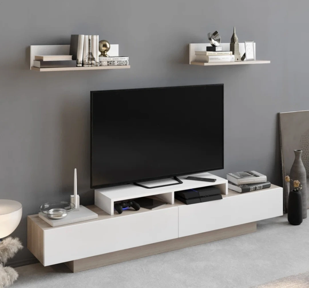 Modern White and Oak TV Stand with Floating Shelves