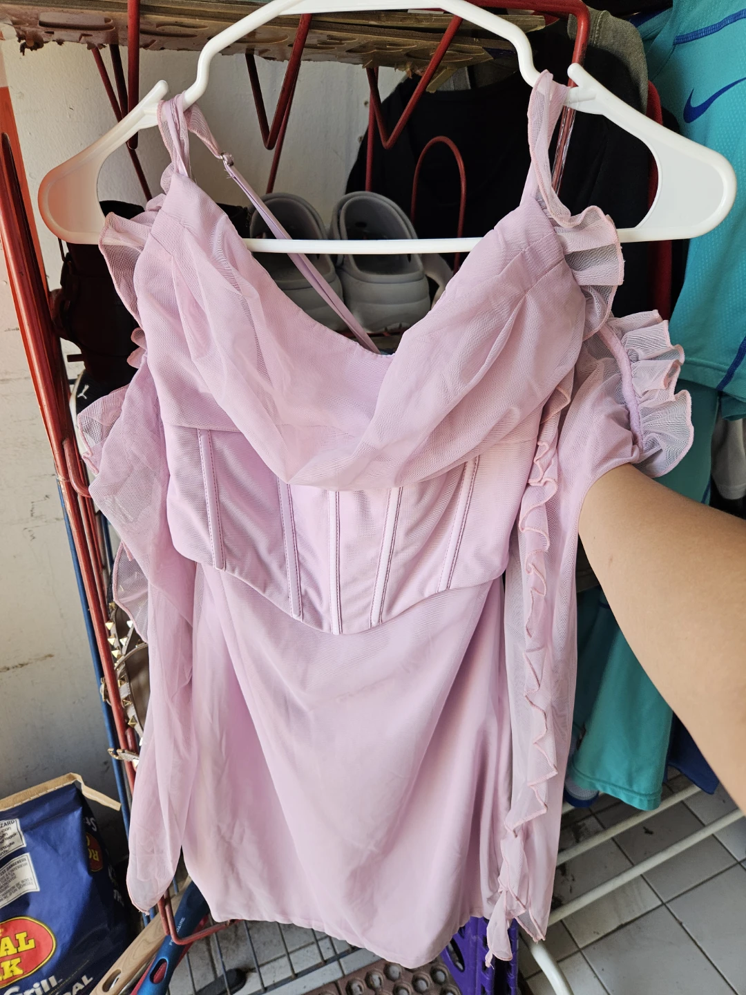 Dolly pink ruffled off-the-shoulder top