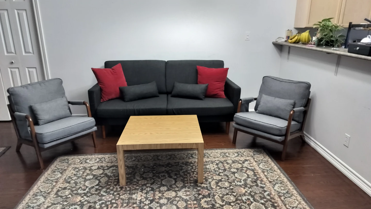 Grey Fabric Sofa with Red and Black Cushions