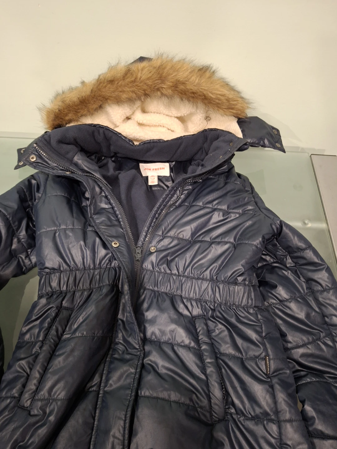 Joe Fresh Navy Puffer Coat with Faux Fur Hood - Size 7/8 - photo 3