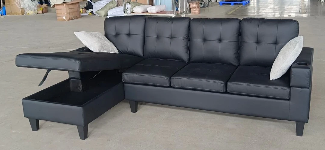 Black Faux Leather Sectional Sofa with Storage Chaise