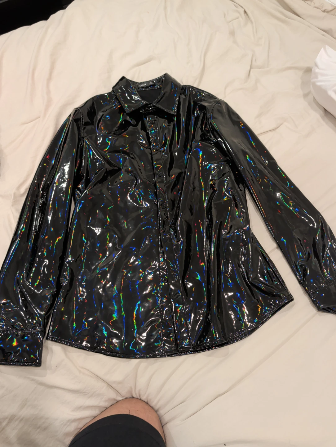 SHEIN Black Shiny Holographic Button-Up Shirt Size M