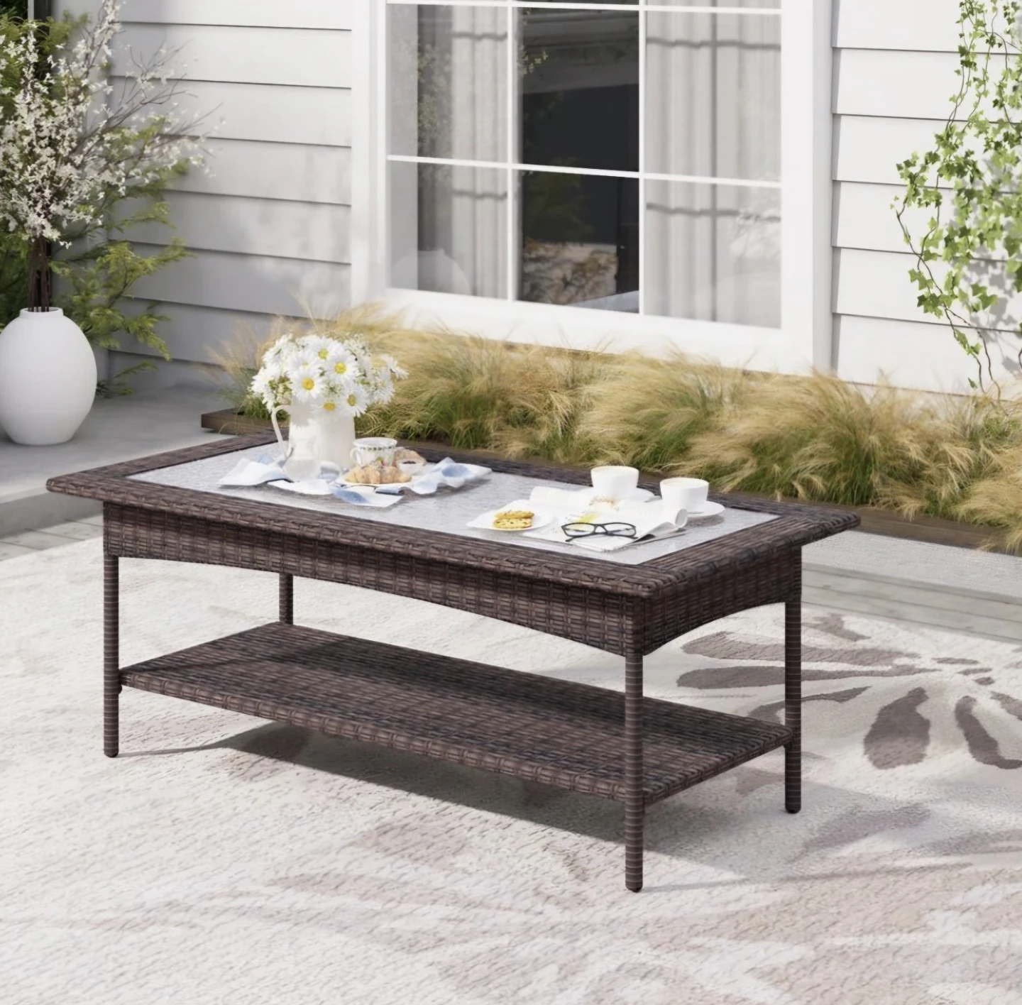 Wicker Coffee Table with Glass Top