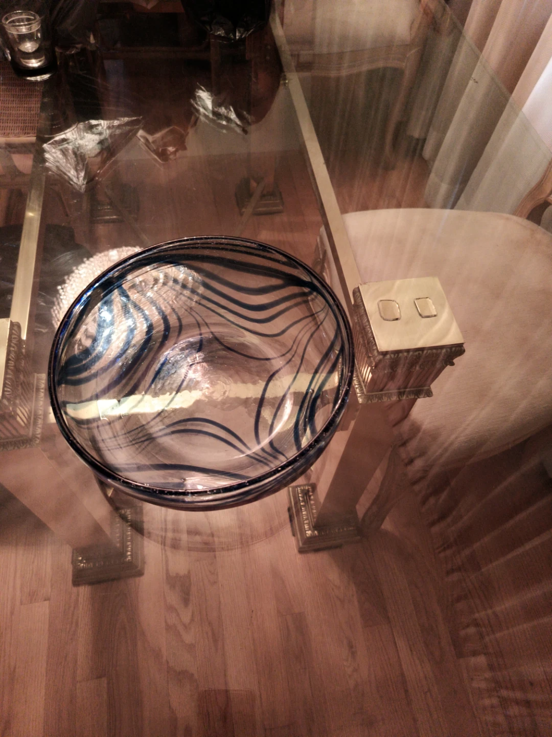 Decorative Glass Bowl with Blue Swirls