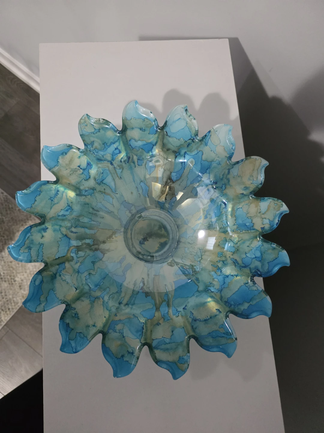 Blue Marbled Glass Flower Bowl