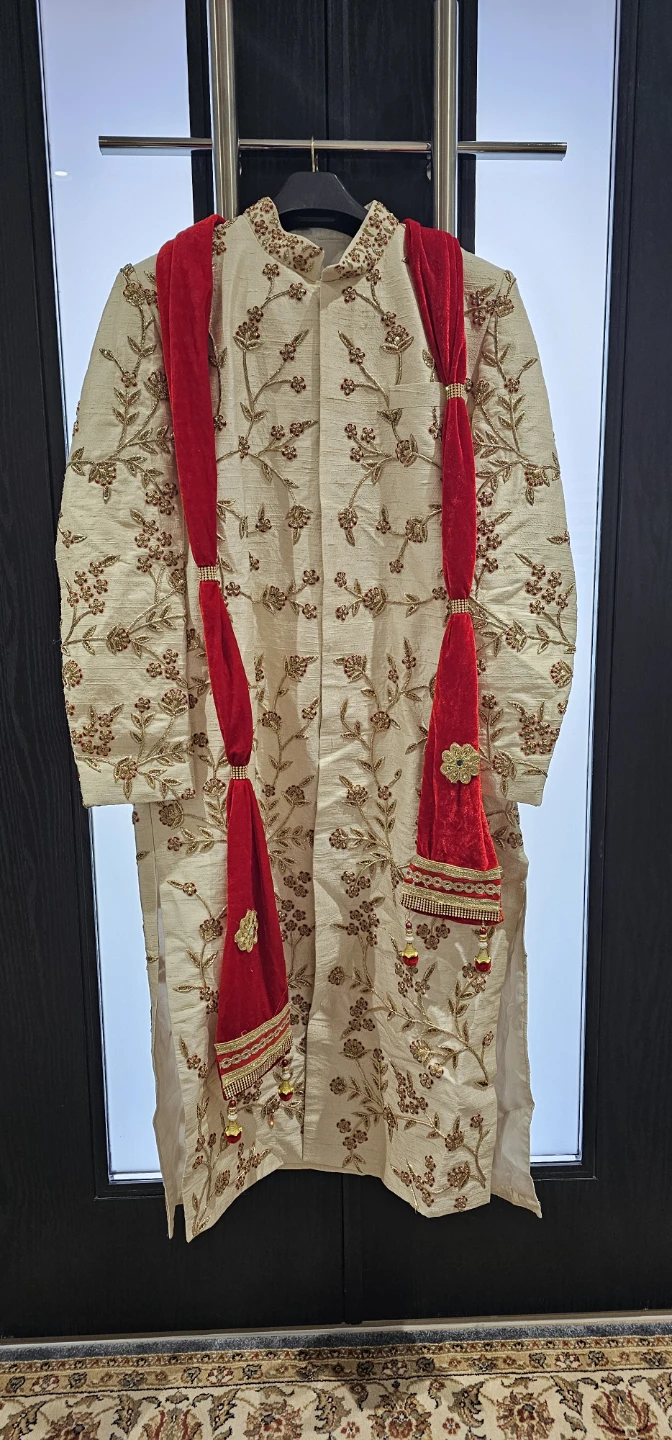 Brand New-Men's Embroidered Sherwani with Red Scarf