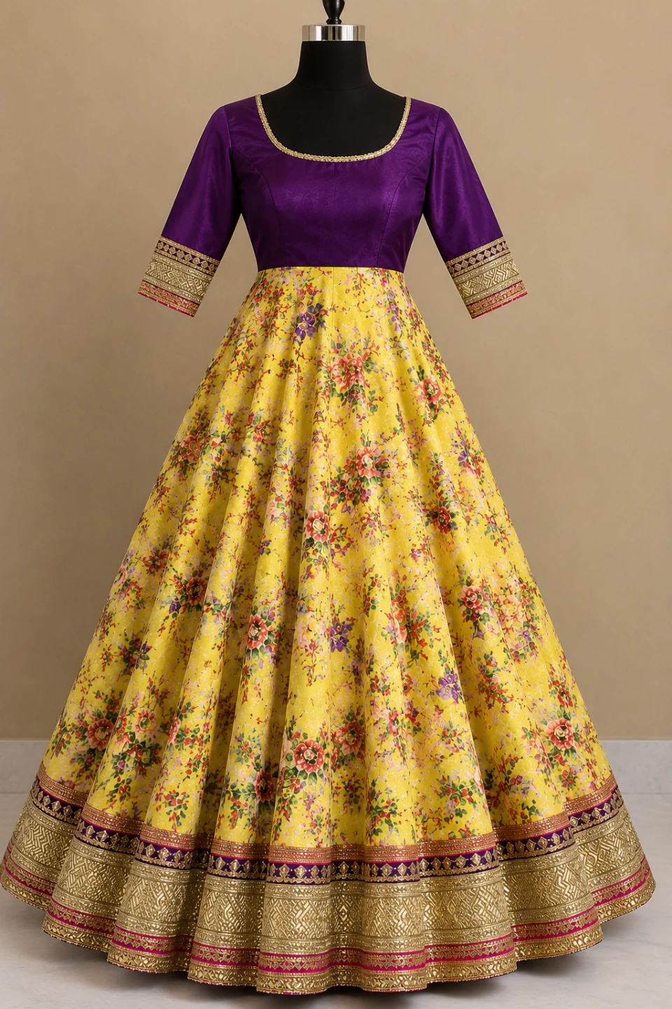 Yellow Floral Print Anarkali one piece dress