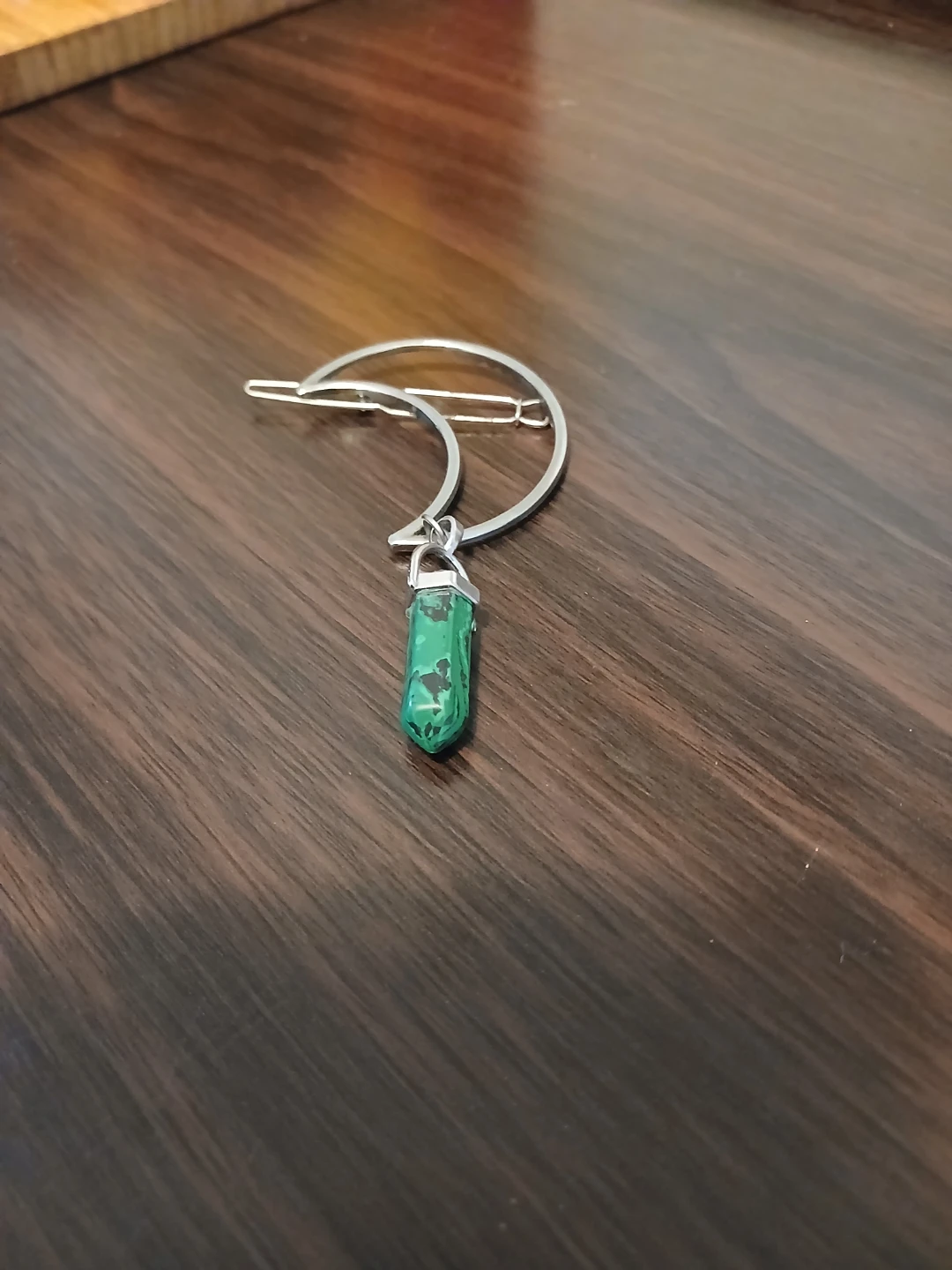 Crescent Moon Hairclip Barrette with Malachite Pendulum