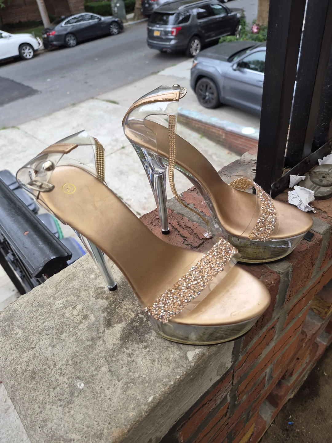 Gold Rhinestone Clear Platform Heels