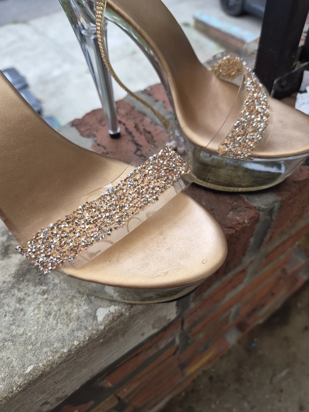 Gold Rhinestone Clear Platform Heels - photo 2
