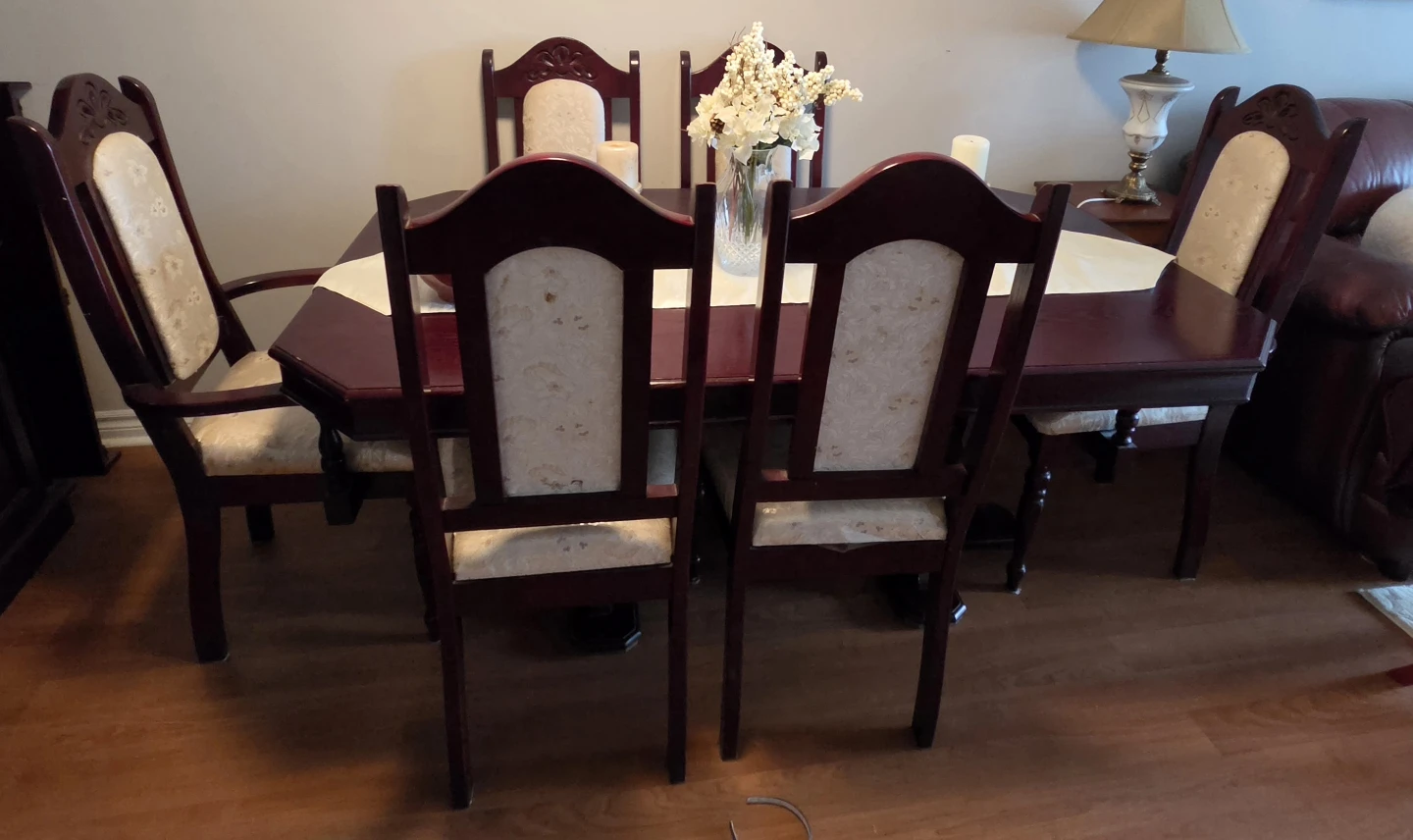 8-Piece Cherry Wood Dining Set with Hutch, Table, and 6 Chairs