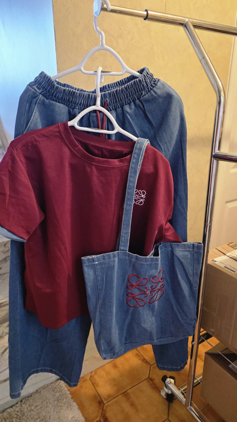 LOEWE Burgundy T-shirt and Denim Tote Bag Set