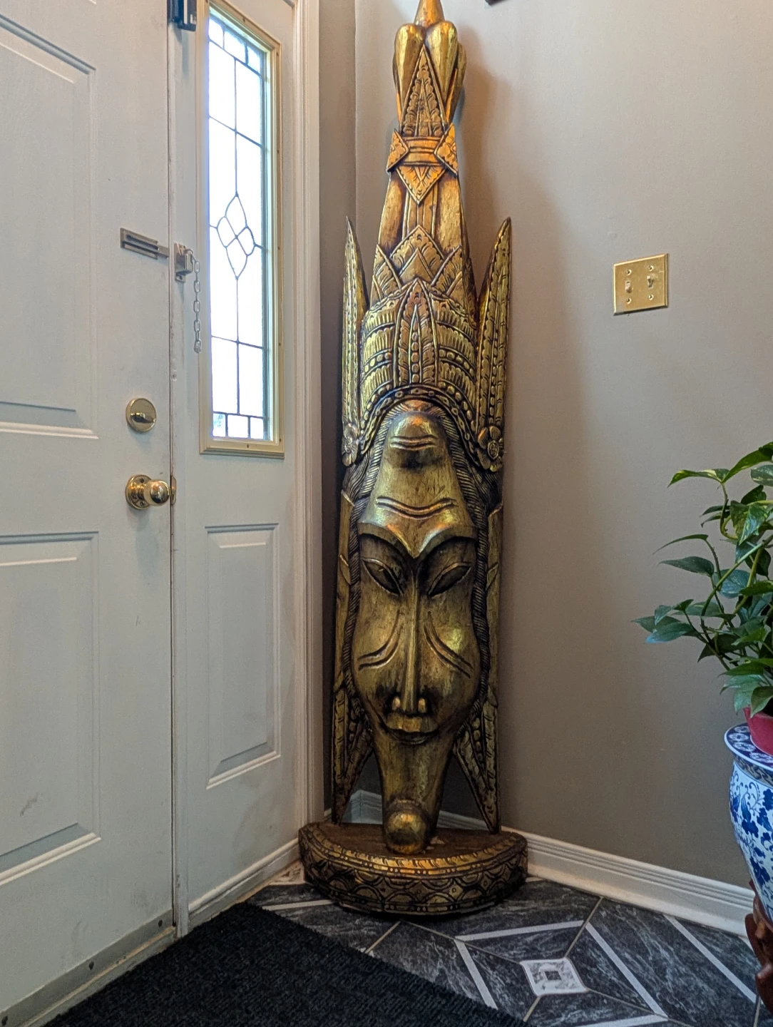 Vintage 81" Massive Hand-Carved Wooden  Mask Floor Sculpture