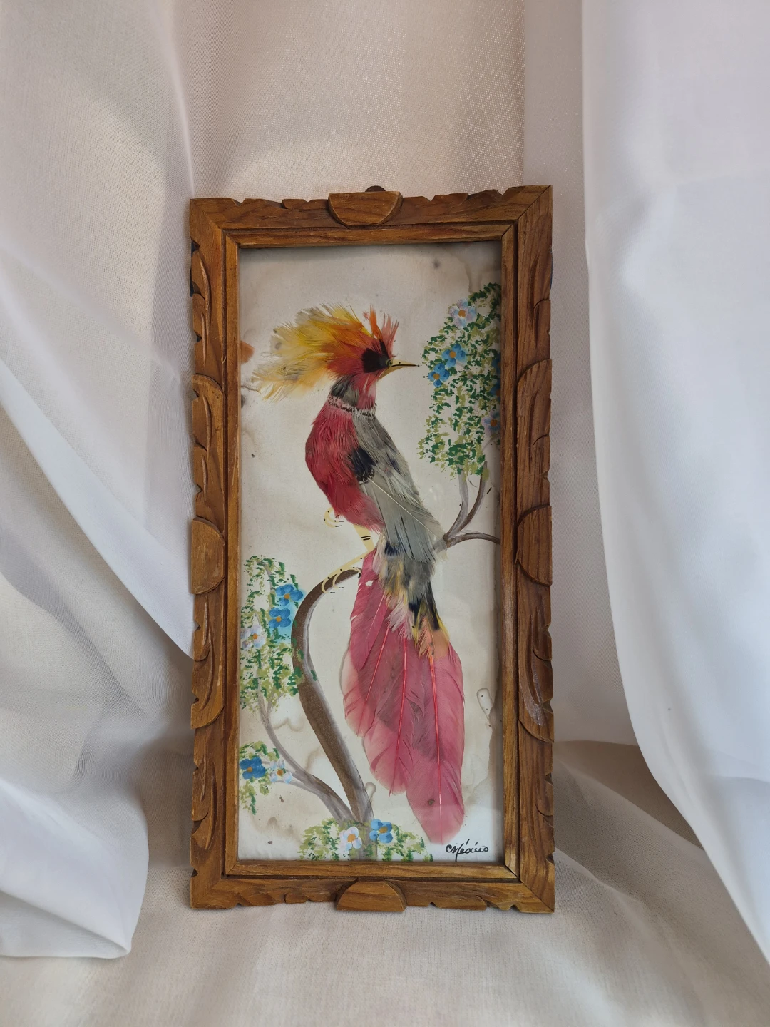 Beautiful Vintage Framed Mexican Feather Craft Art Decor
