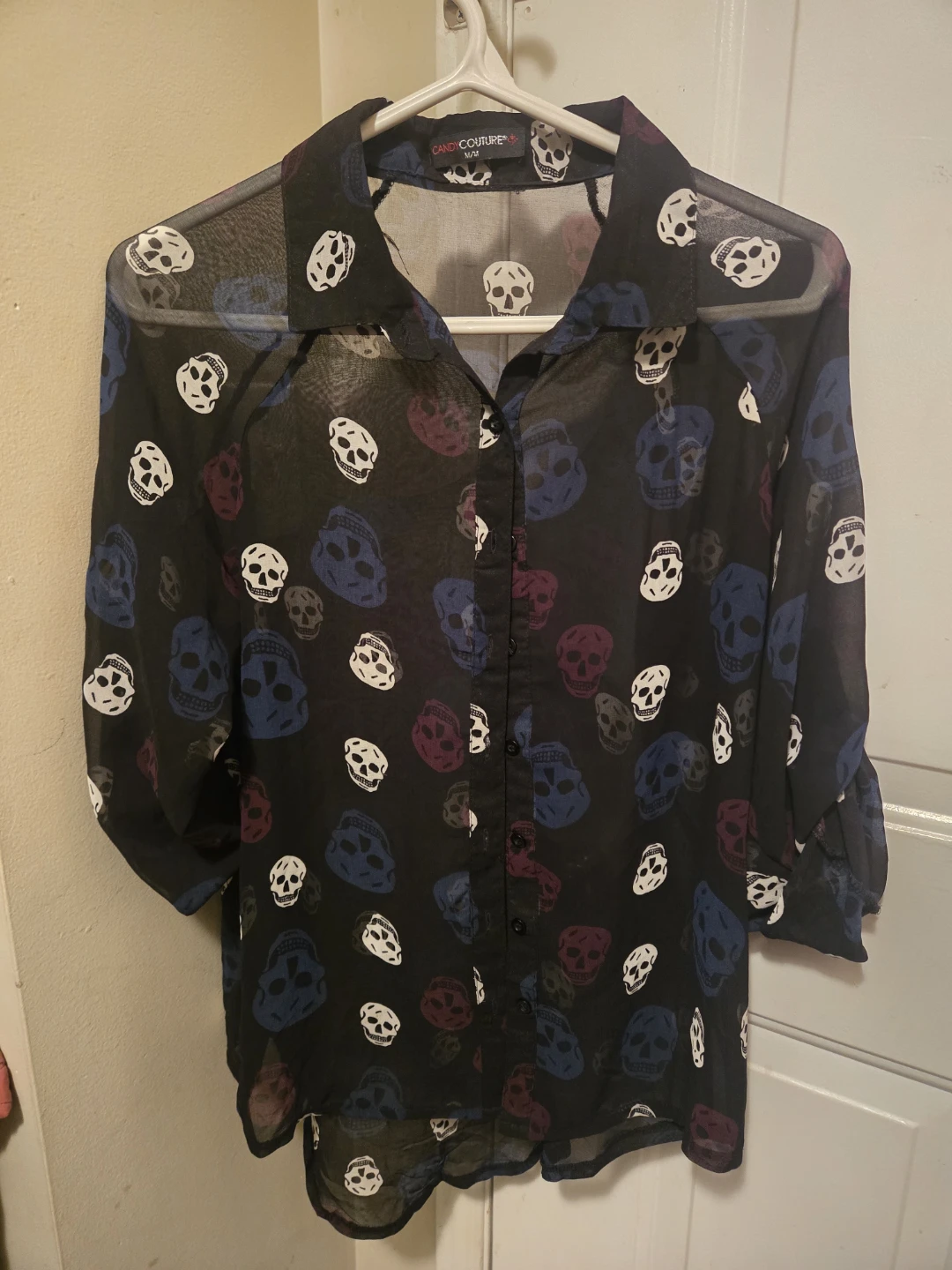 Candy Couture Skull Print Sheer Button-Up Shirt M/L