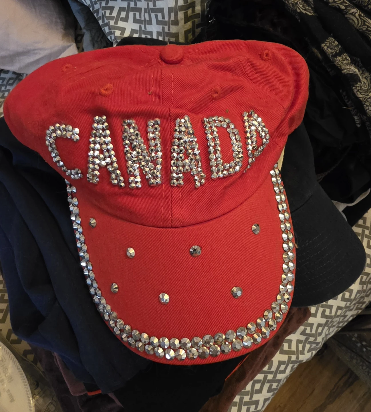 Red Canada Baseball Cap with Rhinestones