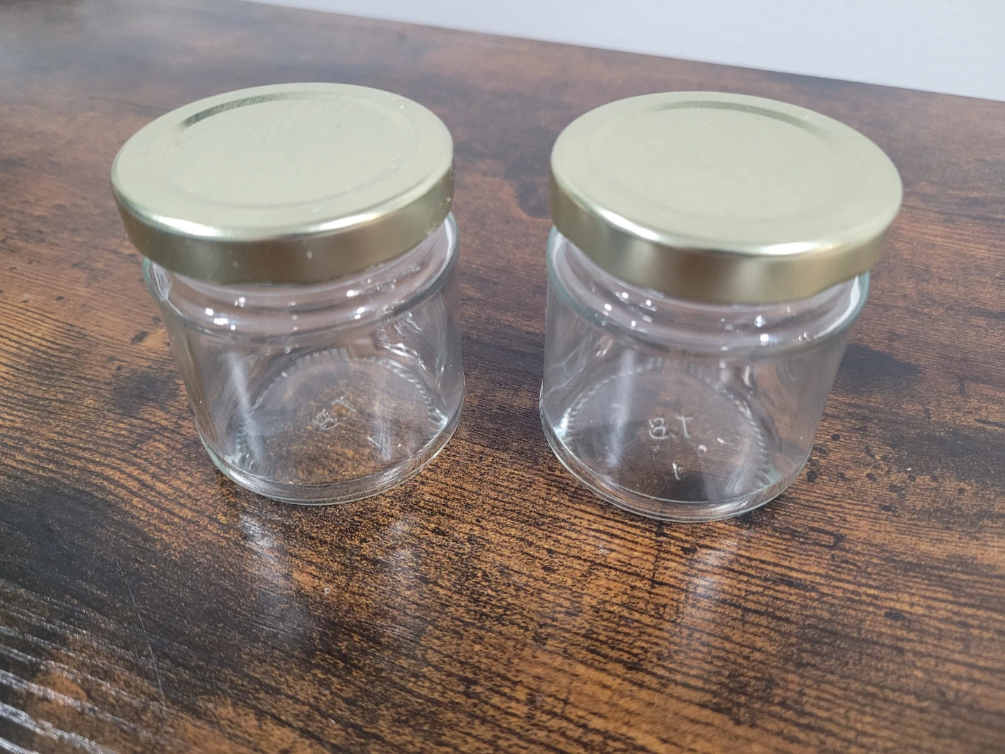 2 Set of  Small Clear Glass Jars with Gold Lids