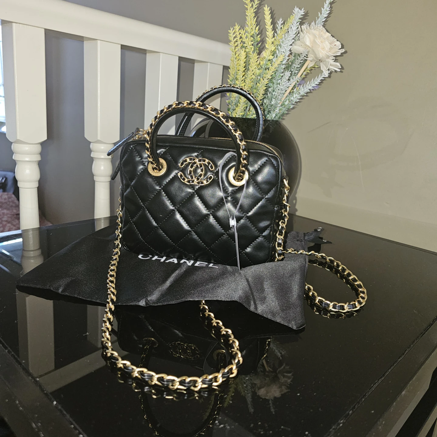 CHANEL Quilted Black Leather Vanity Case Bag Gold Hardware