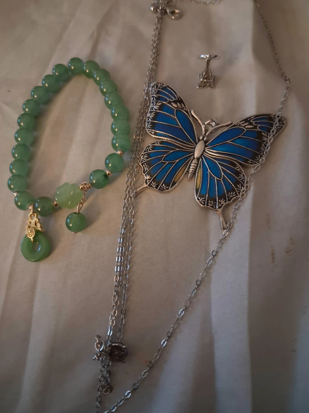 Silver-tone Butterfly Pendant Necklace & Jade Bracelet Set