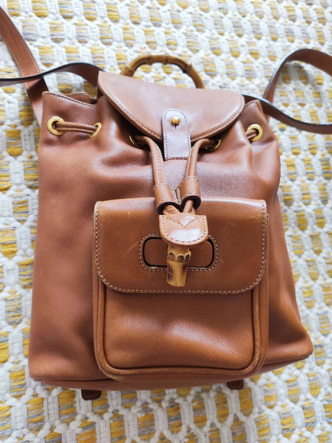 Authentic GUCCI Brown Leather Bamboo Handle Backpack Bag - photo 2