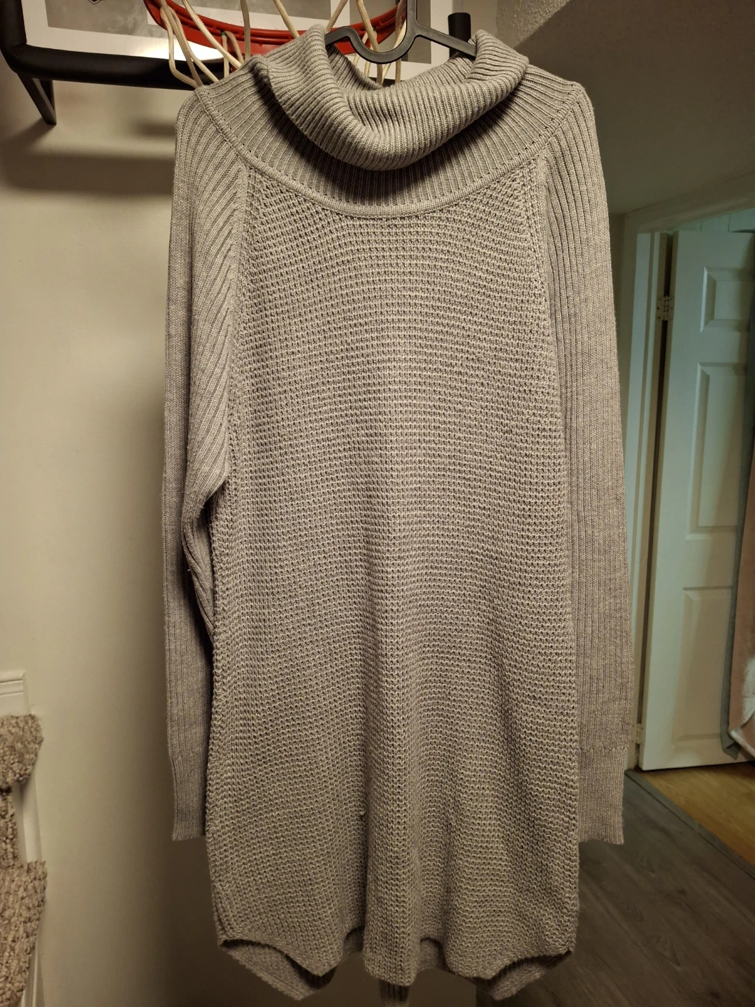 Gray sweater dress.