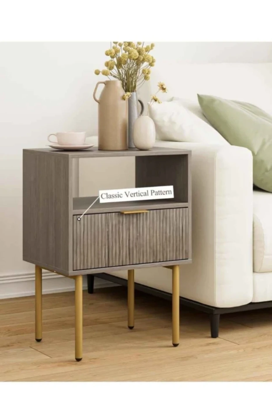 Grey Wood Nightstand with Drawer and Gold Legs