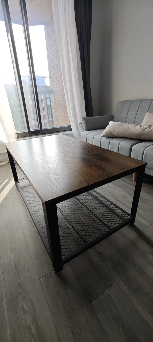 Coffee Table – Rustic Wood & Black Metal, Mesh Shelf