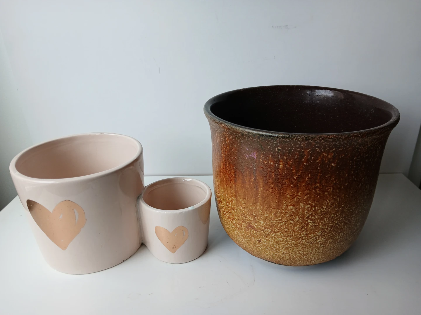 Ceramic Heart Planter & Glazed Brown Pot. $8 EACH