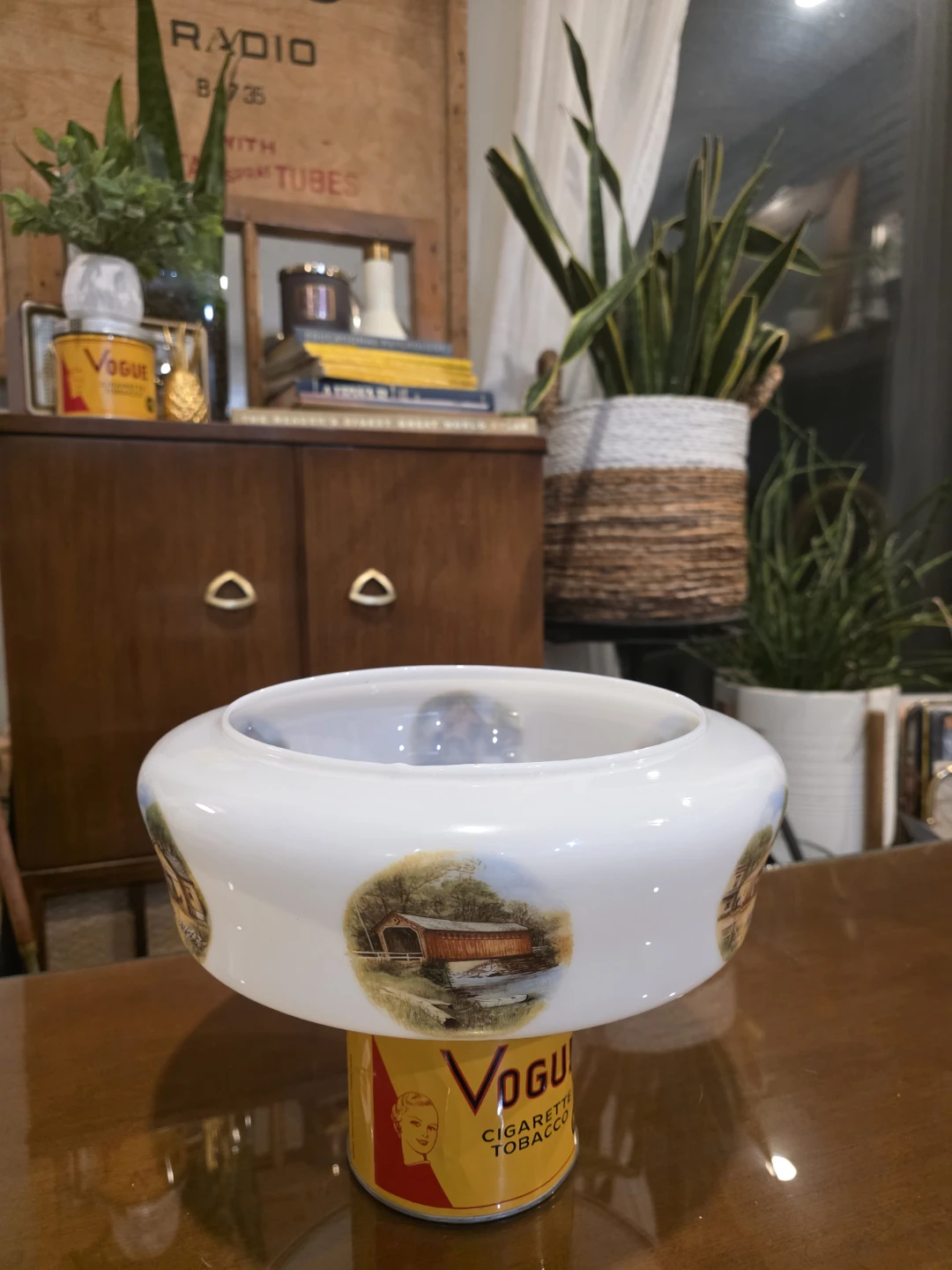 Vintage Glass Lamp Shade with Covered Bridge Scene