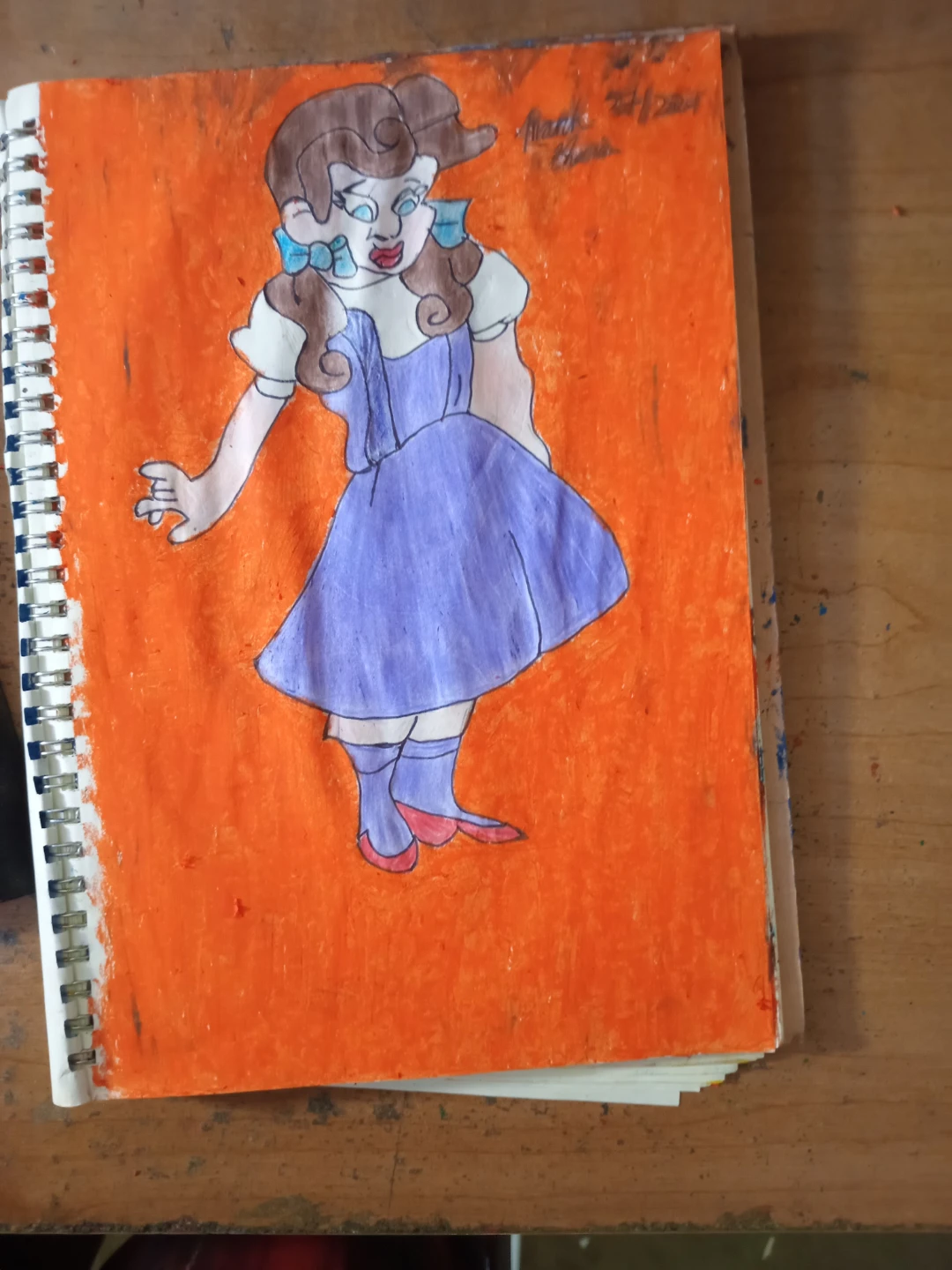 ORANGE BACKGROUND PURPLE DRESS GIRL DRAWING - photo 2
