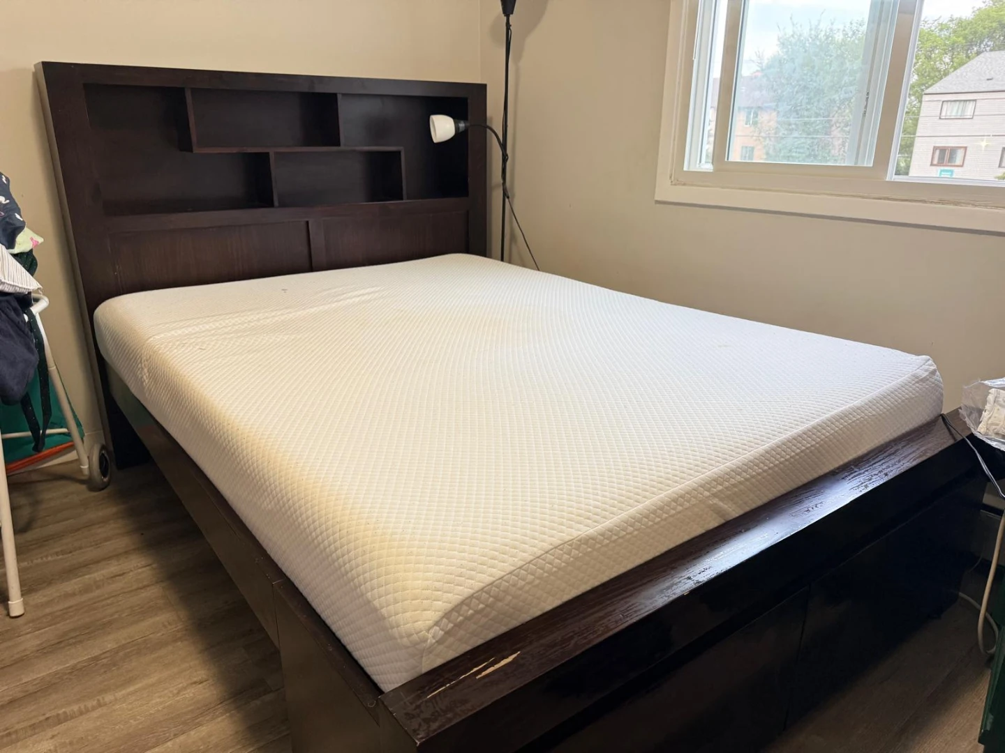 Dark Wood Queen Bed Frame with Storage and mattress