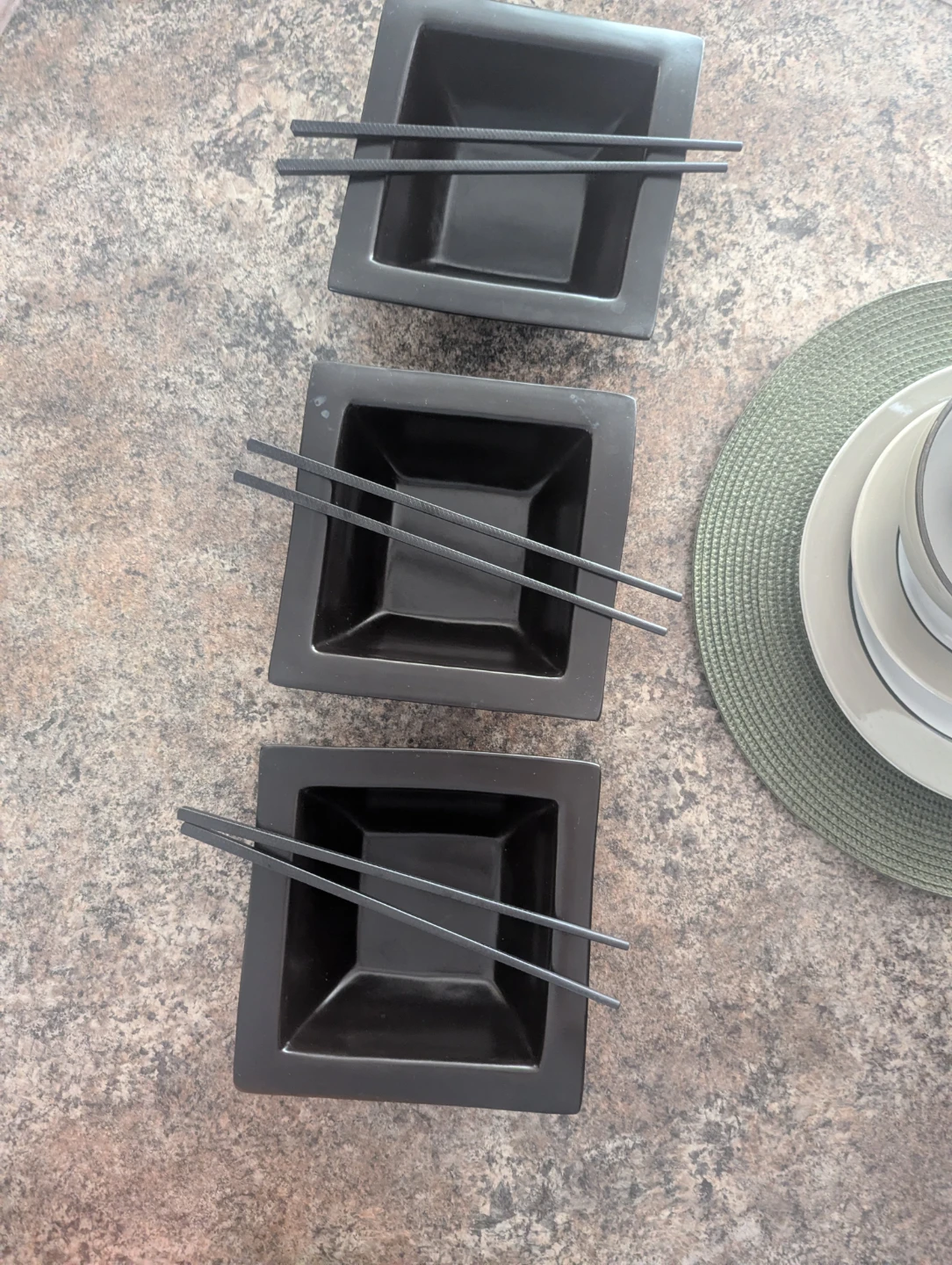 Set of 3 Black Square Bowls with Chopsticks - photo 2