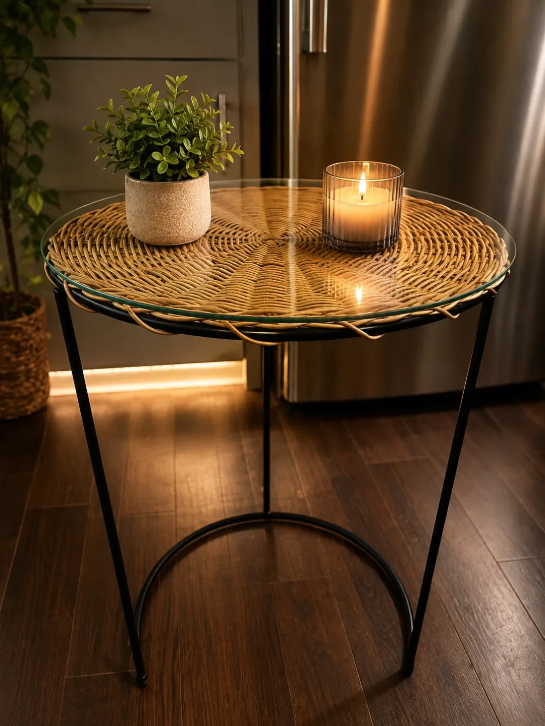 Wicker and Glass Accent Table
