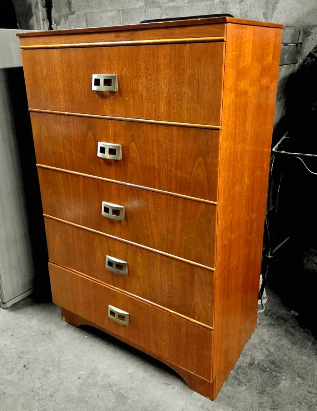MCM Walnut 5 Drawer Tallboy Dresser With Brass Pull Handles
