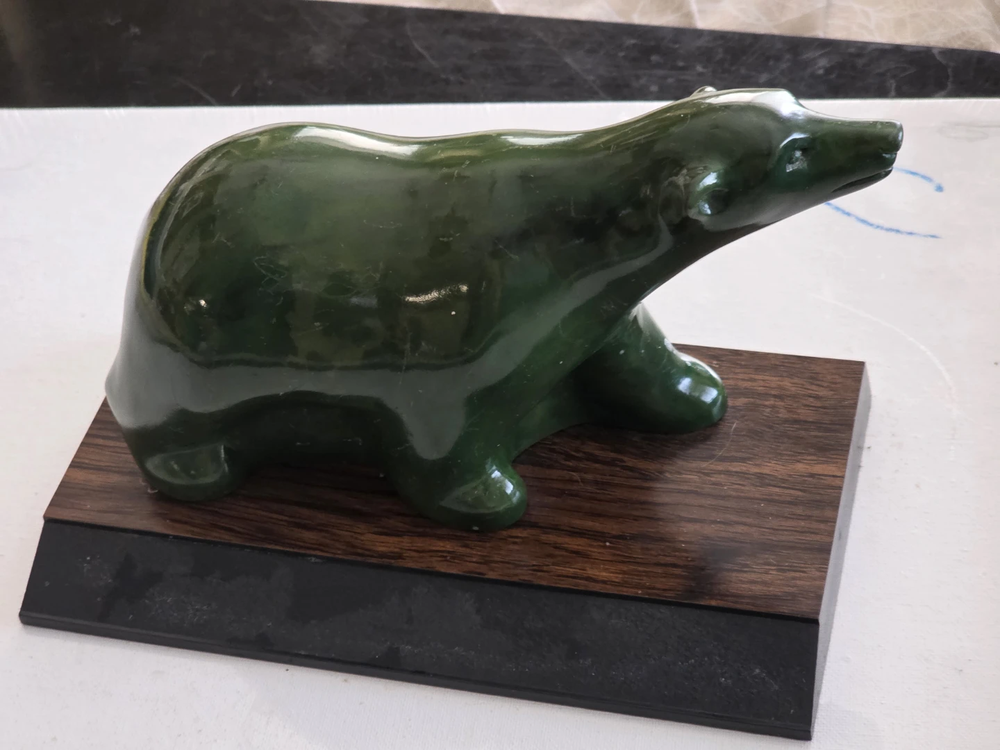 Green Jade Bear Figurine on Wooden Base