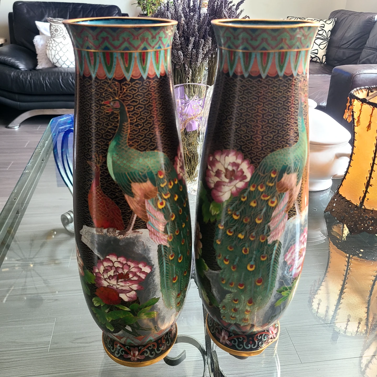 Pair of Cloisonné Vases with Peacock Design